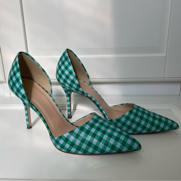 J. Crew Elsie d’Orsay Gingham Leather Heels, Blue/Green. Size 8, Made in Italy - Picture 1 of 9